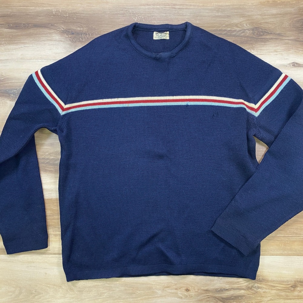 Demetre Wool Sweater Mens L Vintage Ski Stripe Knit Crewneck Navy Blue 70s 80s